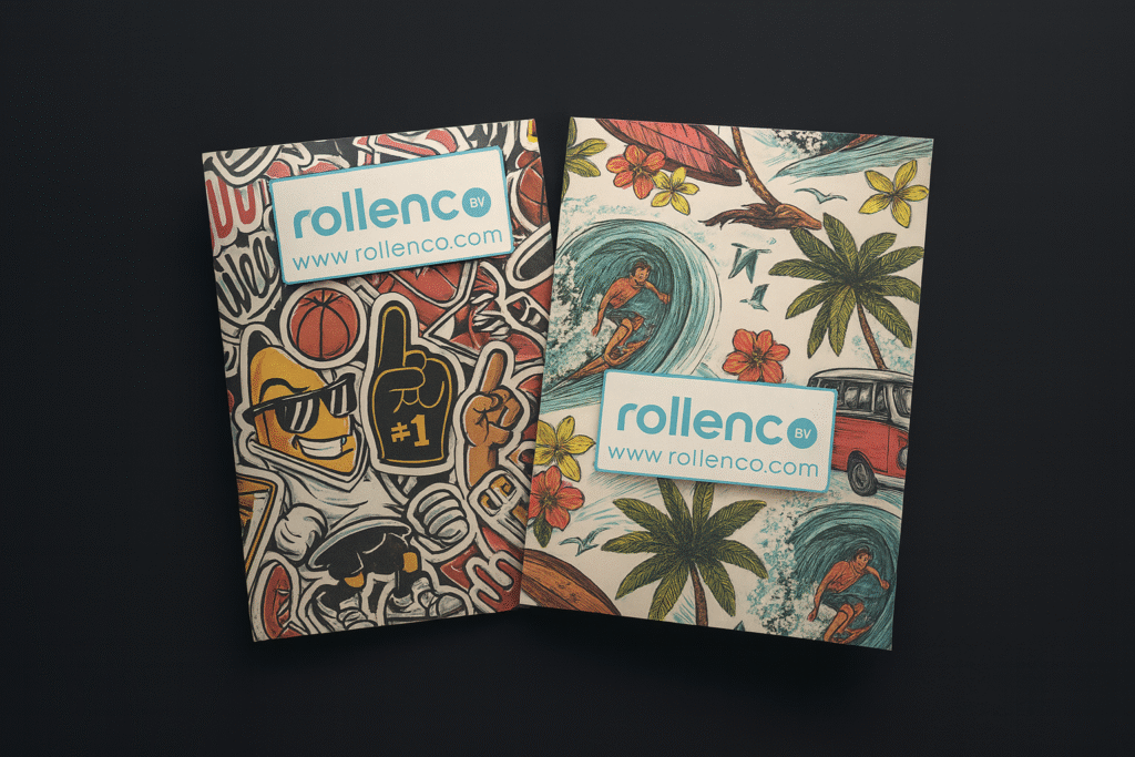 Two colorful Rollenco printed envelopes on a dark grey background – example of digital overprinting by Rollenco.