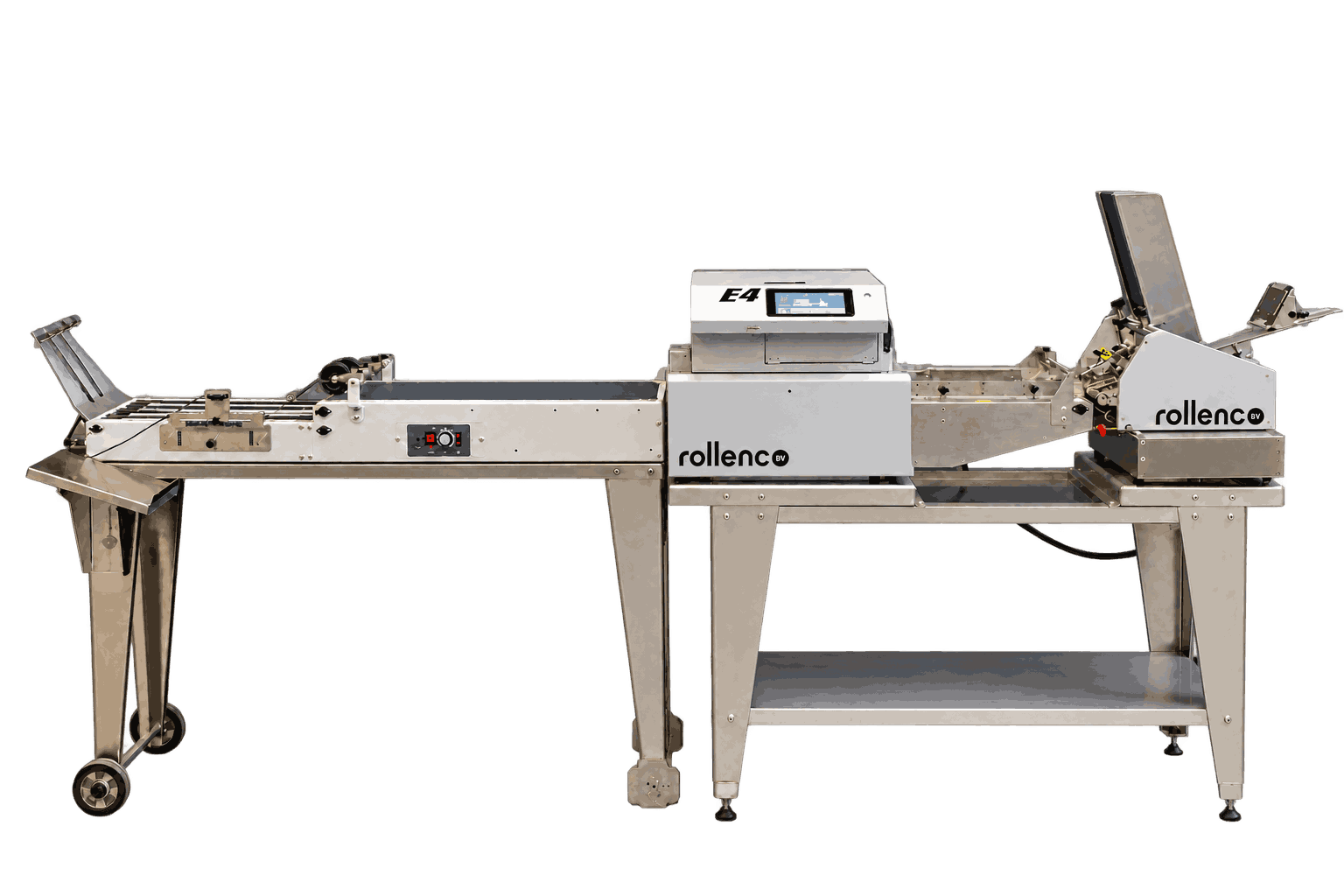 Rollenco E4 digital printer with feeder and delivery conveyor for envelopes and small packaging.